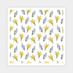 Spring flowers in yellow and blue, on blue tee Magnet