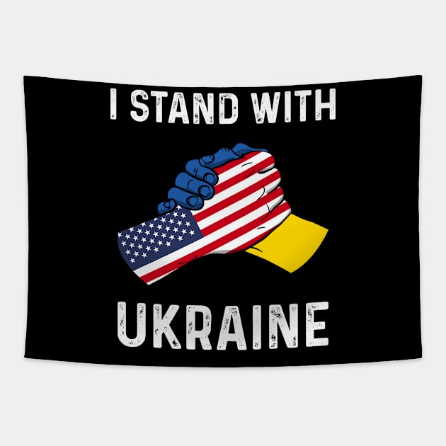I Stand With Ukraine USA and Ukraine Flags Holding Hands Tapestry by BramCrye