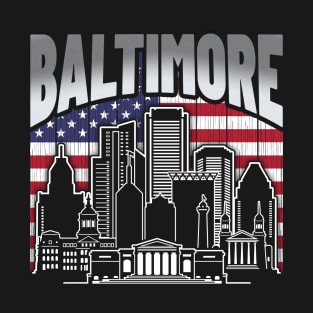 Baltimore Maryland Skyline American Flag T-Shirt