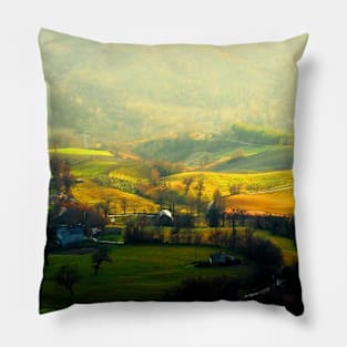 View from top on a hilly landscape with forests in the background Pillow