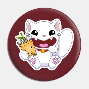 Happy Lucky Cat Maneki Neko Turnt Up Chinese Zodiac Bubble Boba Tea Pin