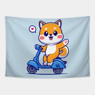 Cute Shiba Inu Waving Hand On Scooter Cartoon Tapestry