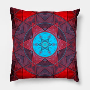 Mosaic Kaleidoscope Flower Blue and Red Pillow