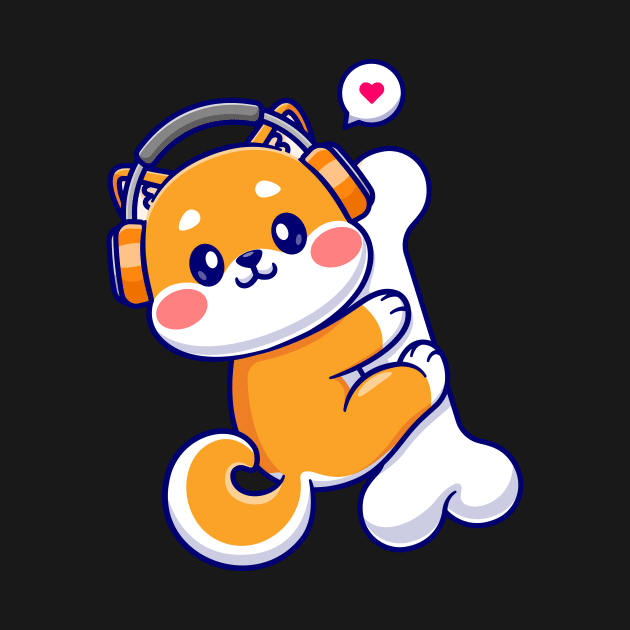 Cute Shiba Inu Hug Bone With Headphone Cartoon by Catalyst Labs