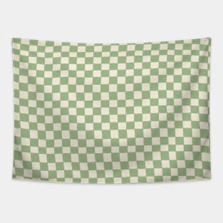 Green and Cream Distorted Warped Checkerboard Pattern III Tapestry