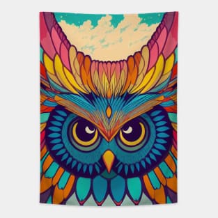 Colorful Owl Portrait Illustration - Bright Vibrant Colors Bohemian Style Feathers Psychedelic Bird Animal Rainbow Colored Art Tapestry