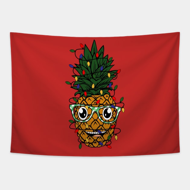 Funny pineapple wearing glasses wrapped in Christmas lights Xmas gift Tapestry by BadDesignCo