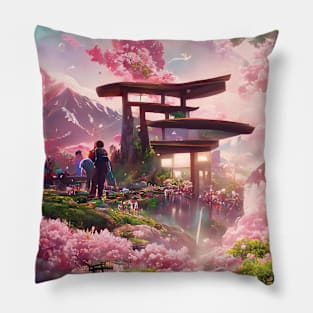 Spring Sakura City of Traditional Temple Mountain of Fuji Dreamy Japan Pillow