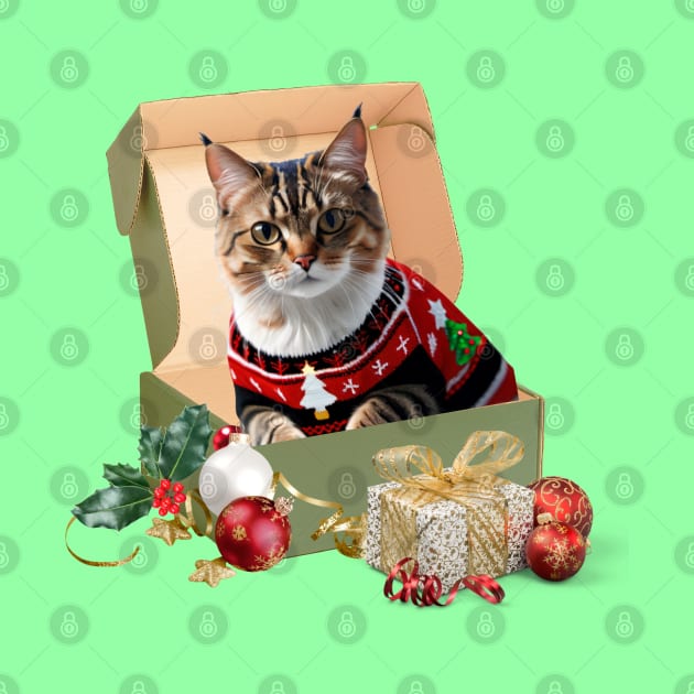 Funny Cat In Box Ugly Christmas Sweater Crazy Cat by Tina