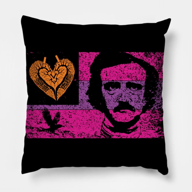 The TELL TALE HEART, The RAVEN, and Edgar Allan Poe 80s colors Distressed Flag Pillow by pelagio