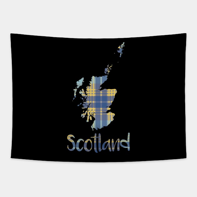 Scotland Blue and Yellow Tartan Map Typography Design Tapestry by MacPean