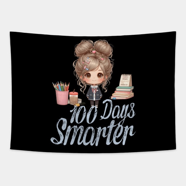 100 Days Smarter Girls Messy Bun Hair 100th Day Of School Tapestry by click2print