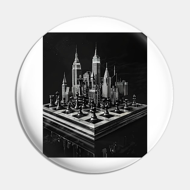 Cityscape Gambit: Skyline Chess Match Tee gift Pin by familycuteycom