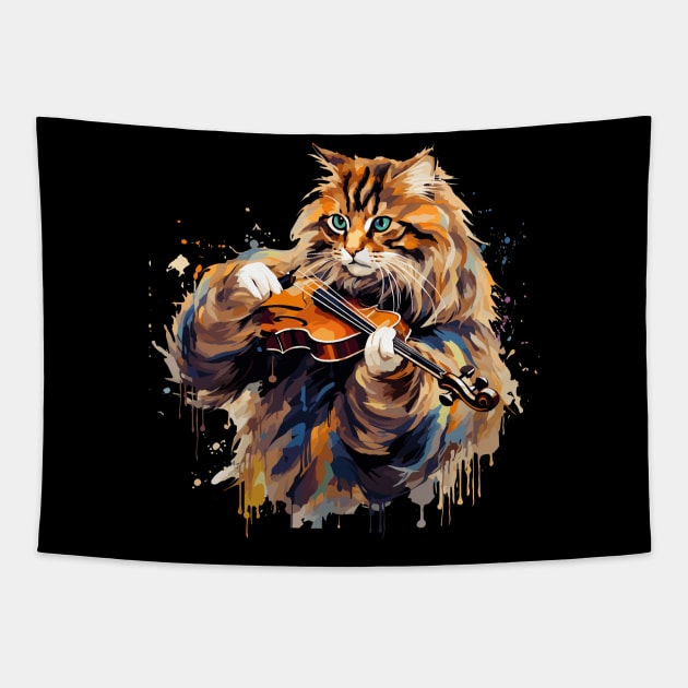 Maine Coon Cat Playing Violin Tapestry by Graceful Designs