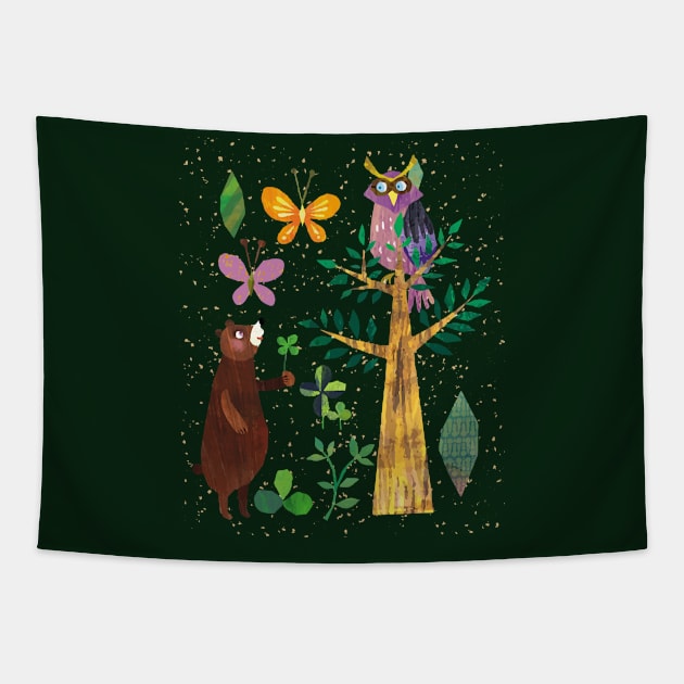 watercolor cartoon forest and animals Tapestry by Choulous79