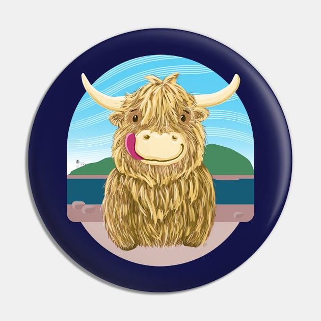 Scottish Highland Cow Chilling By The Ocean Pin by brodyquixote