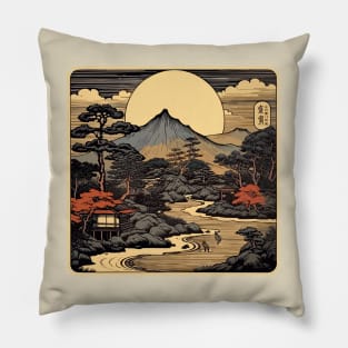 Traditional Japanese Mountain Woodcut Pillow