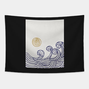 Abstract sun blue ocean waves, Mid century art print Tapestry