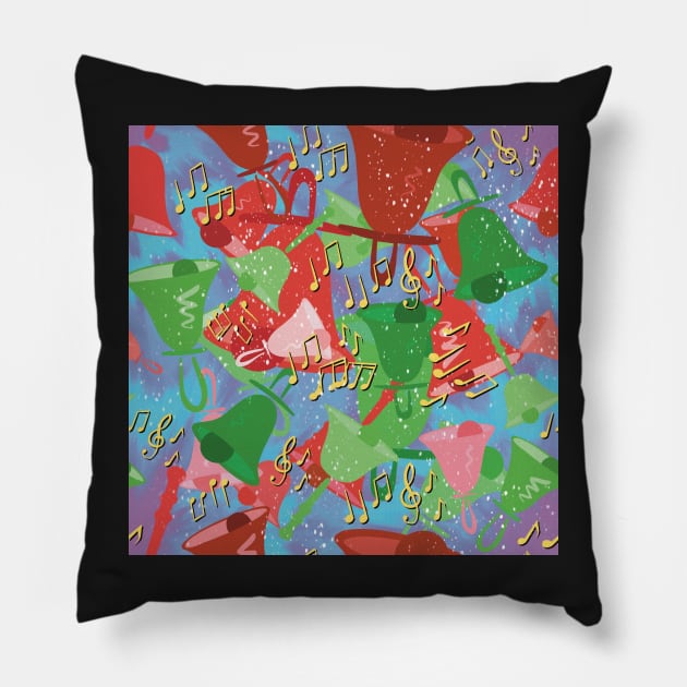 Blue Snowing White Christmas Colorful Handbells And Notes Holiday Pattern Pillow by SubtleSplit