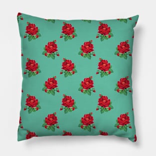 Red vintage roses on aqua Pillow