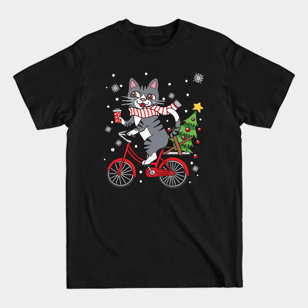 Disover Christmas Cute Cat with Coffee Christmas Tree Riding Bicycle - Christmas Cats - T-Shirt