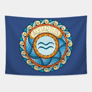 Aquarius Zodiac Sign Colorful Birth Horoscope Mandala Tapestry