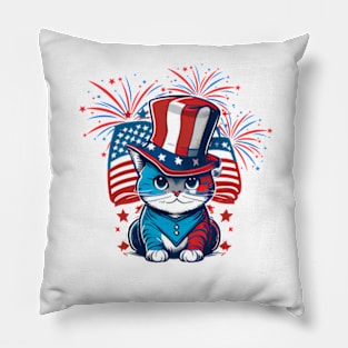 Happy 4th of July Patriotic Cat American Flag Meowica Cute Pillow