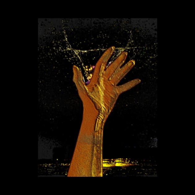 Digital collage and special processing. Hand reaching stars. Monster or great friend. Gold. by 234TeeUser234