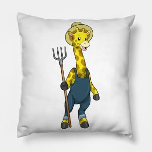 Giraffe as Farmer with Pitchfork Pillow