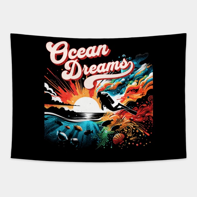 Ocean Dream Scuba Diver Design Tapestry by Miami Neon Designs