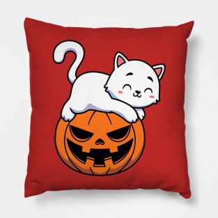 Funny Cute White Cat Laying On Pumpkin Halloween Pillow