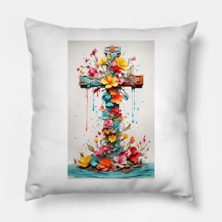 Cross with flowers, dripping paint Pillow