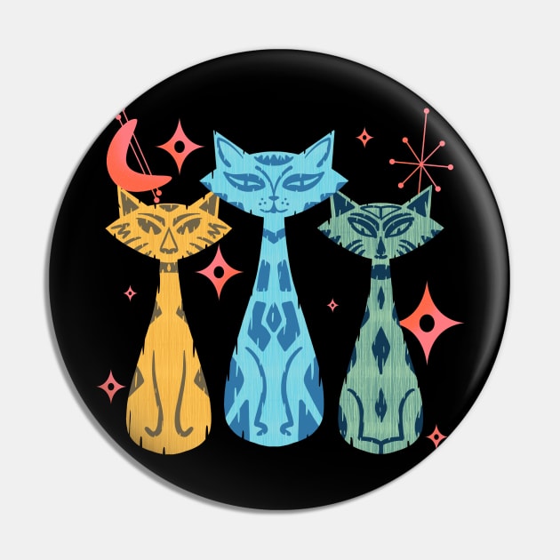 Colorful Funny Tiki Kitty Cats with Mid-Century Modern Vintage Vibe Pin by ksrogersdesigns