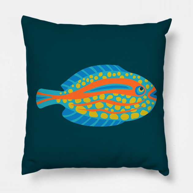 TROPICAL ZONE SINGLE SPOTTED FISH Coral Reef Undersea Ocean Sea Creatures in Bright Multi-Colours on Dark Teal Blue - UnBlink Studio by Jackie Tahara Pillow by UnBlink Studio by Jackie Tahara