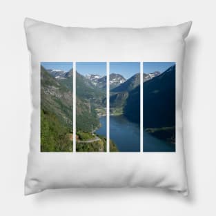 Wonderful landscapes in Norway. Vestland. Beautiful scenery of Geiranger Fjord from the Ornesvingen viewpoint. Cruise ship, winding roads, waterfall and stream Pillow