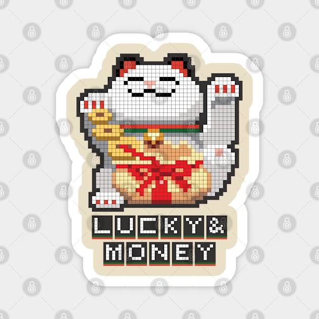 Maneki Neko Lucky & Money Japanese chubby white cat pixel art Magnet by Settha.sk