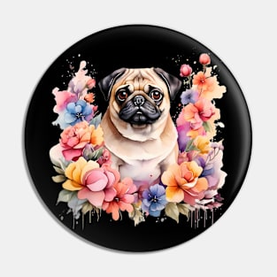 A pug decorated with beautiful watercolor flowers Pin