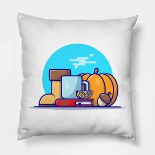 Hot Tea with Book and Pumpkin Cartoon Vector Icon Illustration Pillow