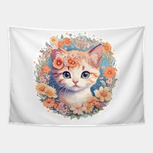 Cute cat with flowers circle Tapestry