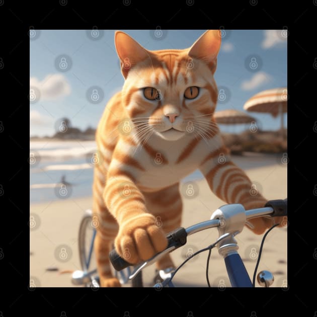 Ginger Cat Riding A Bicycle Along The Beach by Musical Art By Andrew