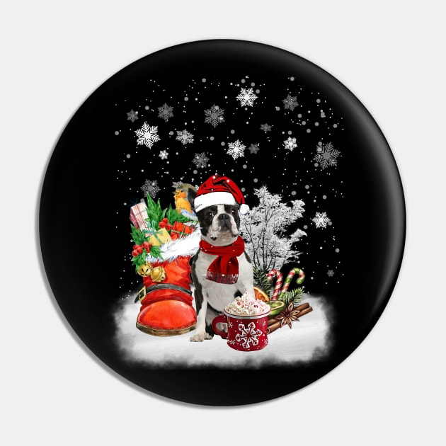 Winter Cup Santa Black Boston Terrier Merry Christmas Pin by cogemma.art