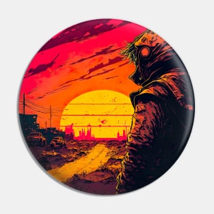 Man Looking At An Apocalyptic Synthwave Sunset Pin