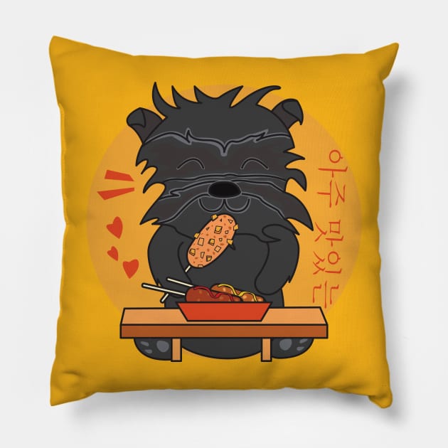 Affenpinscher eating Korean corn dog, Cute Affenpinscher, affenpinscher breed, i love my affenpinscher, funny affenpinscher, affenpinscher puppy, Monkey Terrier, cute animal friendly, cute pets Pillow by WorldOfMine