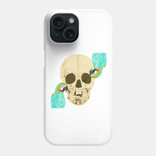 Adolescent skull with exposed teeth and macaws - Watercolor illustration Phone Case