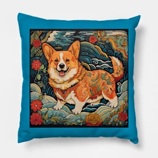 Corgi Tropical Woodblock Pillow