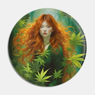 Pre-Raphaelite Redhead With Cannabis Leaves Pin