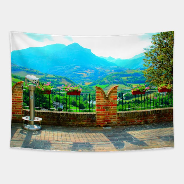 View from Montefortino at town belvedere with merlons, barriers, vases, binocular, hills, Sibillini Tapestry by KristinaDrozd