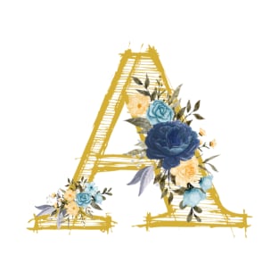 Monogram Letter A In Metallic Gold With Aesthetic Blue Flowers Botany And Tranquil Blue Background Pantone Color T-Shirt