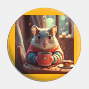 Cozy hamster having coffee in sweater Pin