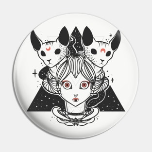 Geisha With Two Sphynx Cats And Snake Pin